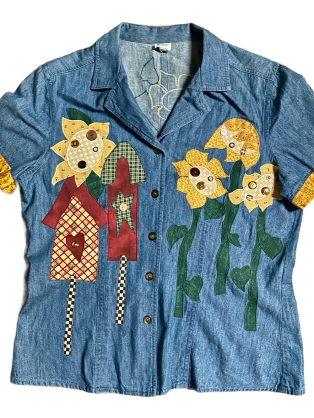 Fstop ~ Large Denim Blue W/Fall Colors ~ Embroidery Flower & House Design Shirt